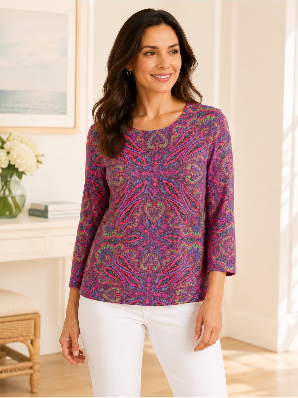 J.McLaughlin Paisley 3/4 Sleeve Top Pink Purple Green Size M
